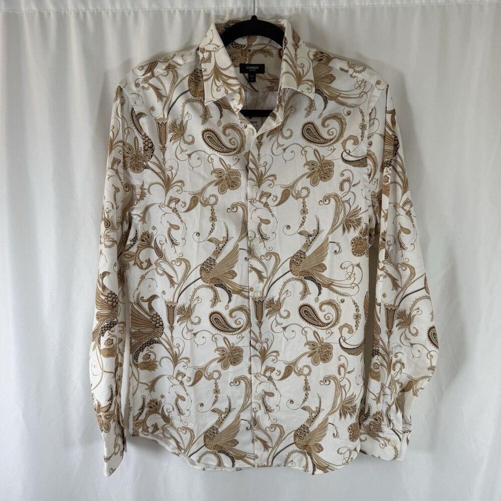 New Express Blouse Men’s XS White Gold Paisley Print Long Sleeve Button Up Slim